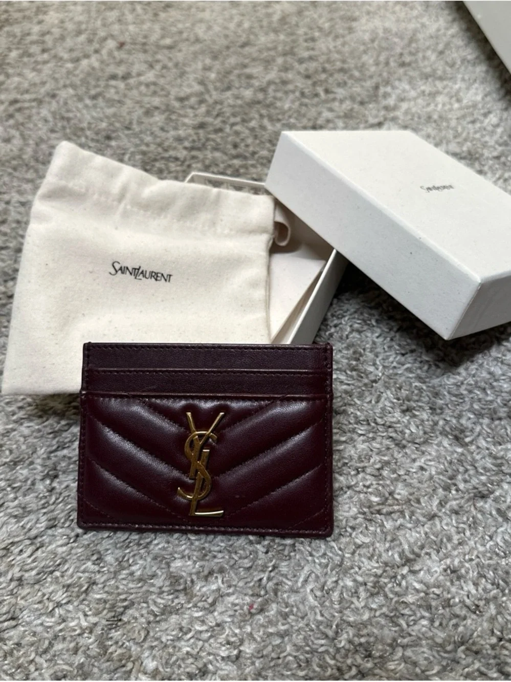 Yves Saint Laurent Quilted Leather Card Holder in Deep Burgundy